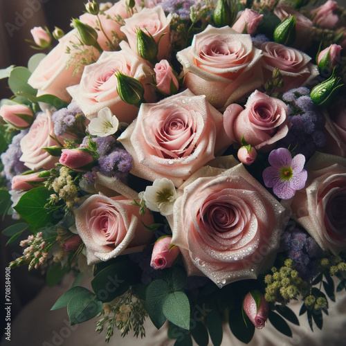 bouquet featuring soft pink roses with dewdrops on the petals, interspersed with delicate purple and white filler flowers and lush greenery, Wedding bouquet of pink roses and hydrangea © Aonsnoopy