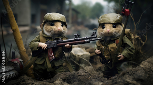 A group of cute hamster animals holding weapons and wearing military clothes are ready to fight on the battlefield created with Generative AI Technology photo