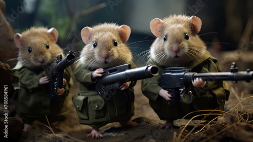 A group of cute hamster animals holding weapons and wearing military clothes are ready to fight on the battlefield created with Generative AI Technology photo