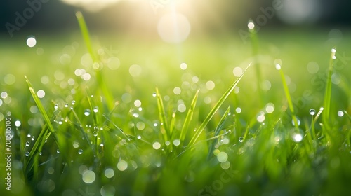 Fresh green grass with dew drops in morning sunny lights. Beautiful nature landscape with water droplets.