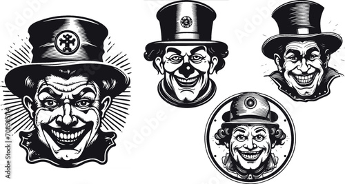 set of clowns with Bright costumes and makeup.. circus clown, Crazy actors. great set collection clip art Silhouette , Black vector illustration on white background eps .