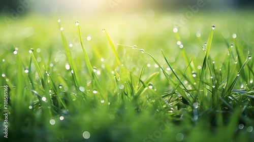 Fresh green grass with dew drops in morning sunny lights. Beautiful nature landscape with water droplets.