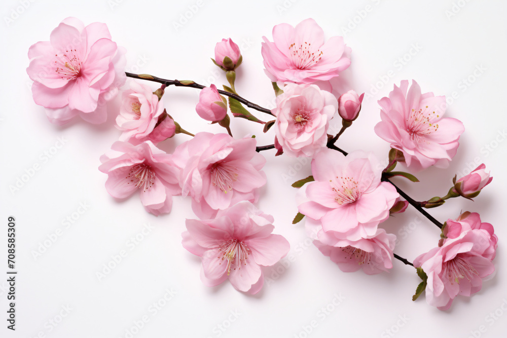 Obraz premium Pink flowers in green stems on a white background, in the style of cherry blossoms, high resolution