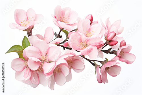 Pink flowers in green stems on a white background, in the style of cherry blossoms, high resolution