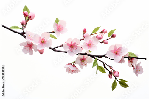 Pink flowers in green stems on a white background, in the style of cherry blossoms, high resolution