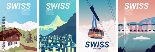 Swiss landscapes: chalets in the Bernese Alps, the Matterhorn in Zermatt, a funicular in the mountains, and the waterfront of Geneva with a fountain and a boat. Vector for posters, covers
