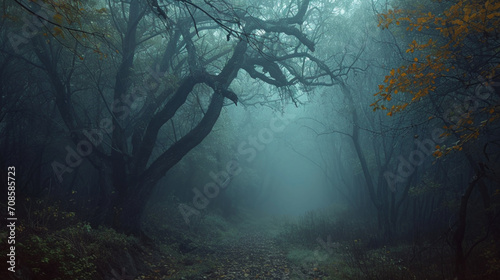  霧の中で神秘的な暗い古い森GenerativeAI