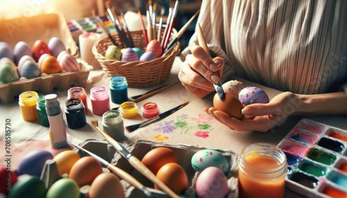 Close-up of a woman painting Easter eggs by hand