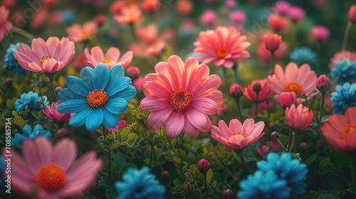 Spring field, colorful flowers background, closeup view