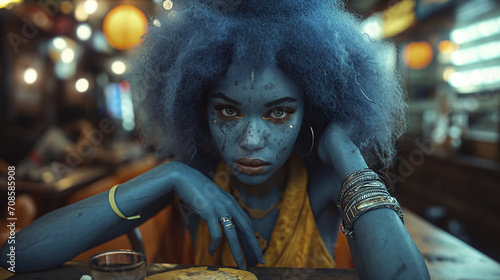 Blue, African American-modeled, alien in a restaurant photo