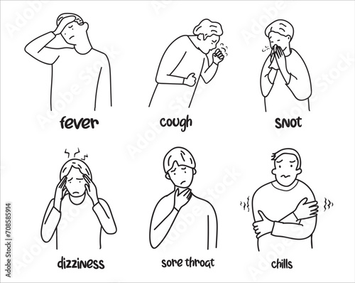 Illness vector icon set. Illness hand drawing vector illustration. Fever, cough, snot, dizziness, sore throat, chills