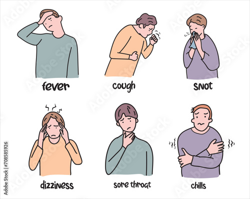 Illness vector icon set. Illness hand drawing vector illustration. Fever, cough, snot, dizziness, sore throat, chills
