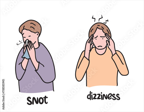 Dizziness and snot illness hand drawing vector illustration photo