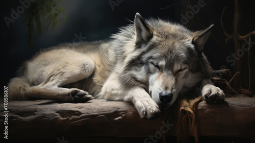 gray wolf sleeping soundly on a log created with Generative AI Technology 