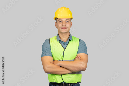 A Handsome Asian India Nepal Male Construction Engineer  Giving Gestures of Pointing and Expressions