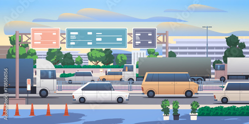 Different vehicles on the road of a big modern city. Flat cars traffic concept illustration