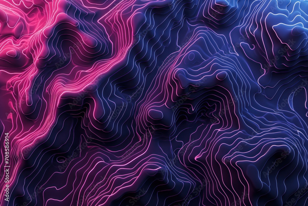 Obraz premium 3d purple neon topography hills, glowing lines and dark purple background