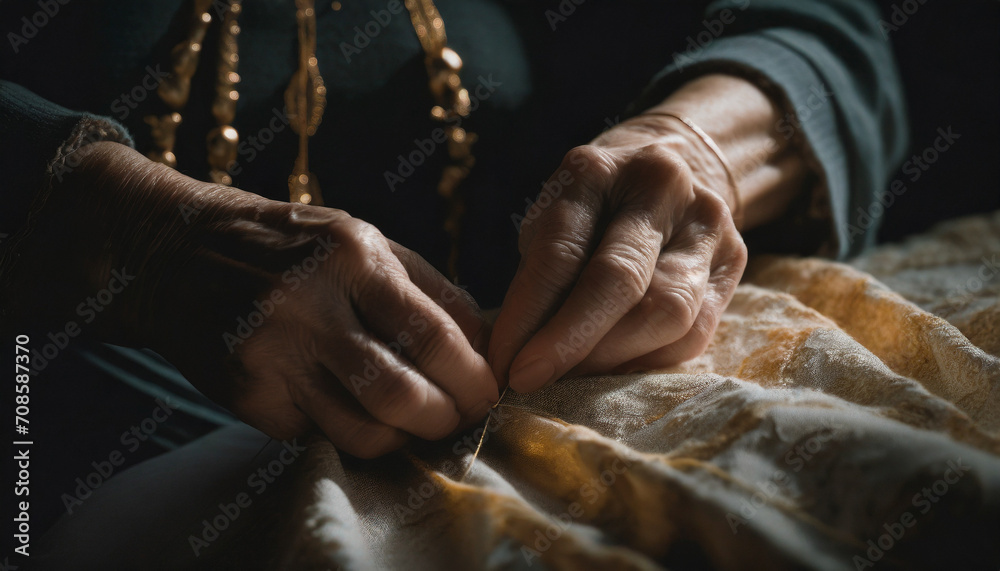 Closeup hands of a senior woman sewing quilt in low light, detail of embroidery, craftsmanship, generative AI