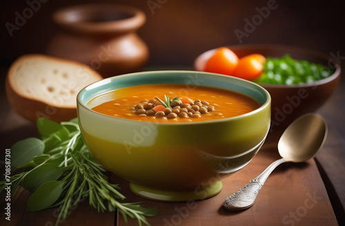 Vegan lentil soup in a bowl with vegetables, bread and cilantro, on wooden background. Lentils Indian Curry Dal
