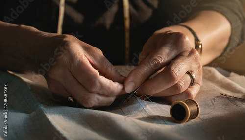 Closeup hands of a senior woman sewing quilt with thread spool on the cloth, detail of embroidery, geanrative AI photo