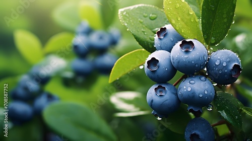 Fresh organic blueberries in raindrops on the bush against nature green background. Gardening concept