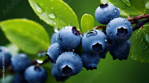 Fresh organic blueberries in raindrops on the bush against nature green background. Gardening concept