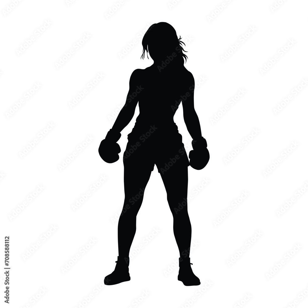 silhouette of a kickboxing woman on white