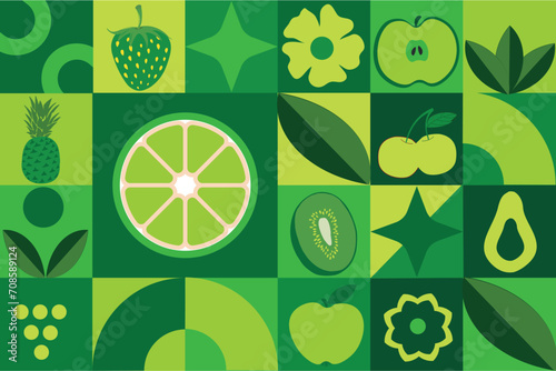 Geometric organic seamless pattern with fruits. Geometric summer fresh fruit cut artwork poster with colorful simple shapes. Scandinavian style flat abstract vector pattern design. 