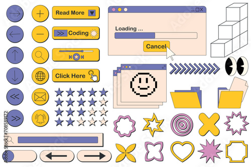 Computer interface in retro neobrutalism style. Window, social media app templates. 80s 90s old computer UI elements and vintage aesthetic icons. Nostalgic retro operating system