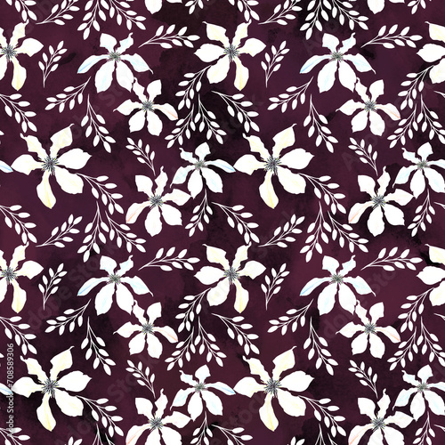 Seamless simple floral pattern. White flowers on a brown background.