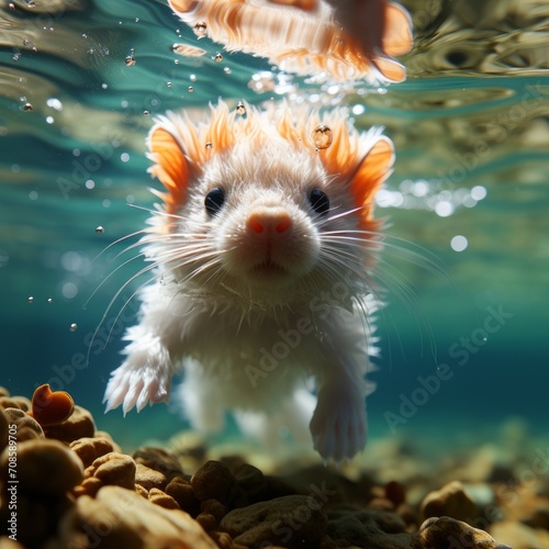 Photo of a baby axolotl swimming in clear waters. Generative AI photo