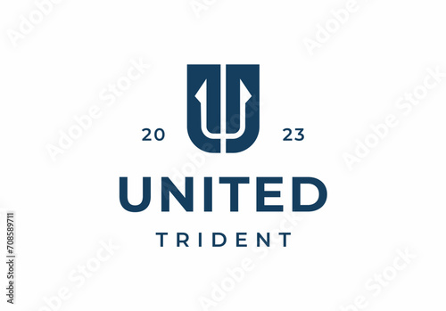 Initial Letter U with Trident Poseidon Neptune God Triton King logo design
