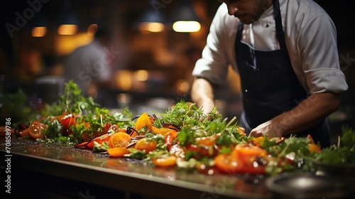 Chef preparing a delicious salad with fresh ingredients photo
