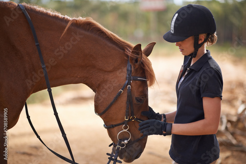 Woman, care and horse in nature with summer for bonding and relax on farm, ranch and countryside. Animal, pet and person feeling stallion for freedom, adventure and vacation with peace and sports