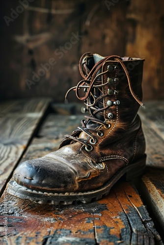 A well-crafted cowboy boot with intricate designs and a patina finish, presented on a rustic wooden surface photo
