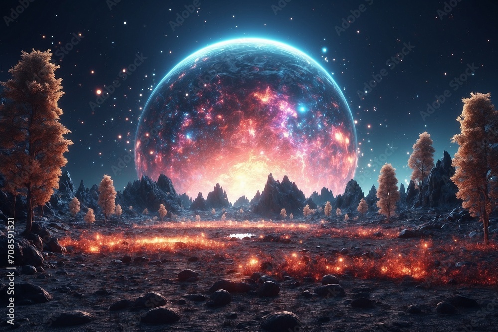 abstract Glowing particle Sparkles on alien planet landscape forest 3d rendering - obrazy, fototapety, plakaty 