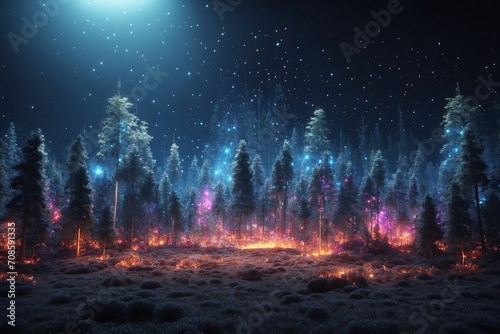 abstract Glowing particle Sparkles on alien planet landscape forest 3d rendering photo