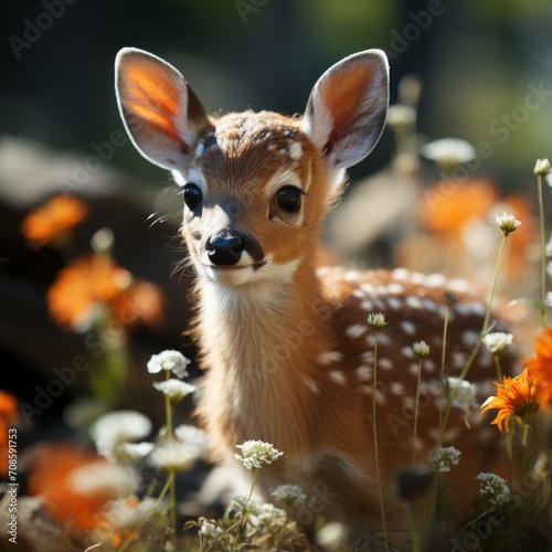 Photo of a baby fawn with spots in a meadow. Generative AI
