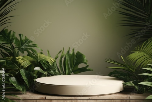 White Round Podium And Tropical Plant Tree. Minimalist. Minimal. Copy Space. Nature Banner. Wallpaper