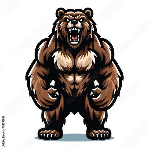 Strong body muscle wild beast grizzly bear mascot design vector illustration, logo template isolated on white background