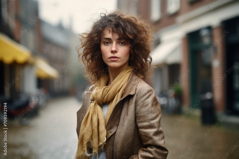 Beautiful lady in classical fashion clothes standing in a busy street looking at the camera