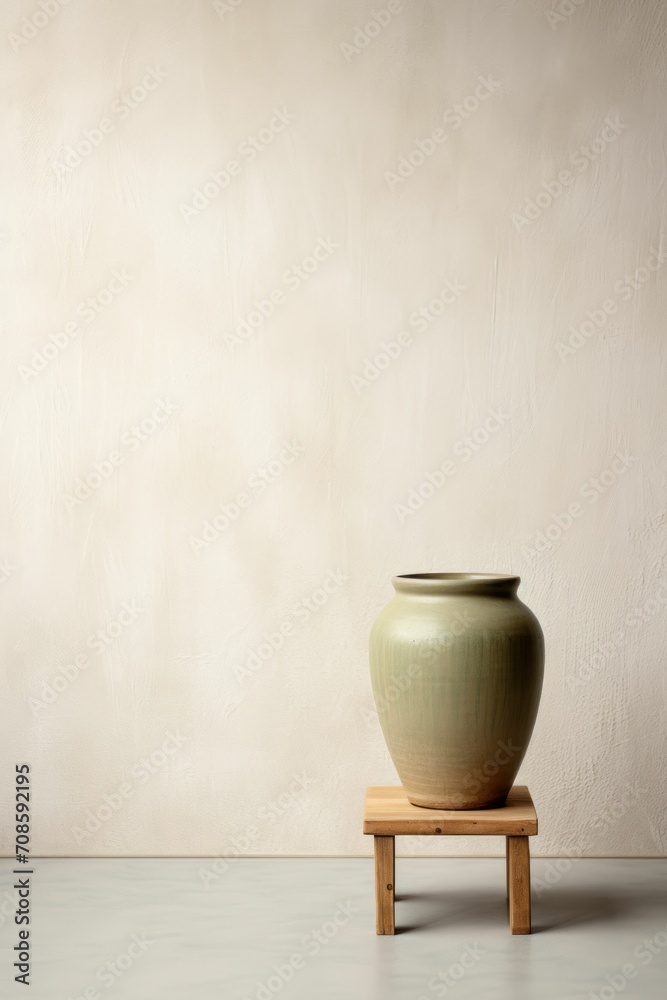 Simple modern vase on a wooden stool, minimal background, beige and green colors Simple modern vase on a wooden stool, minimal background, beige and green colors