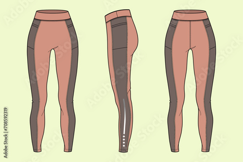 women's athletic wear legging Fashion Flat Sketch Vector Illustration, CAD, Technical Drawing, Flat Drawing, Template, Mockup.