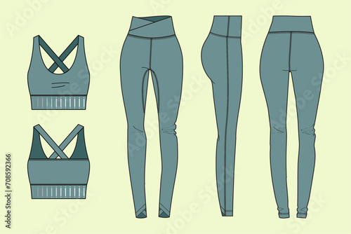 Flat sketch of women's active wear. Detailing of sports bra and leggings with panel. Technical flat sketch of women's activewear set.