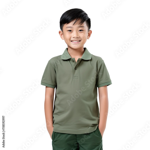 Front view mid shot of a 10-year-old Asian boy dressed in a green polo shirt and khaki shorts, smiling on a white background