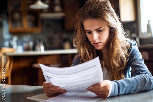 Woman Sitting at Table, Reading Paper About Bills and Expenses