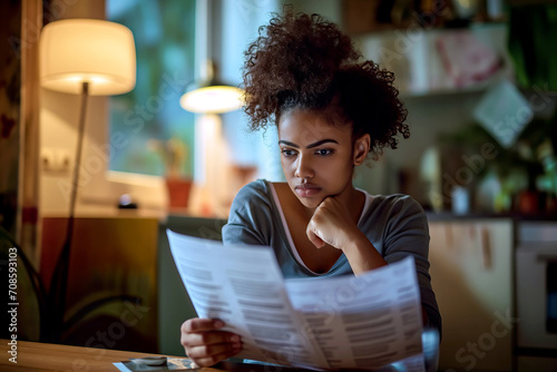 Afro Woman Reading Paper at Table, Reviewing Bills and Expenses for Economy photo