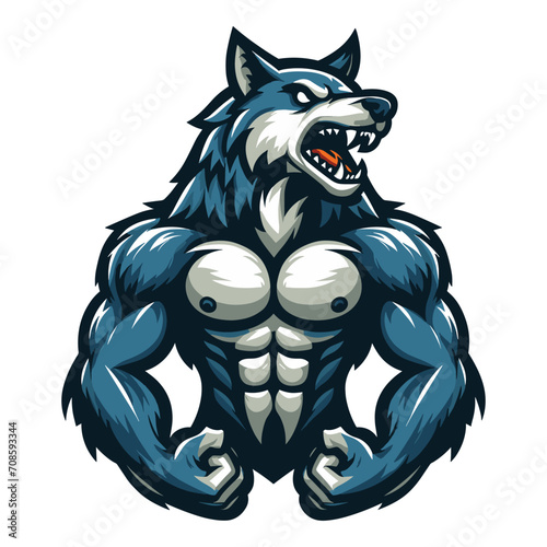 Strong body muscle wild beast wolf fox dog mascot design vector illustration, logo template isolated on white background