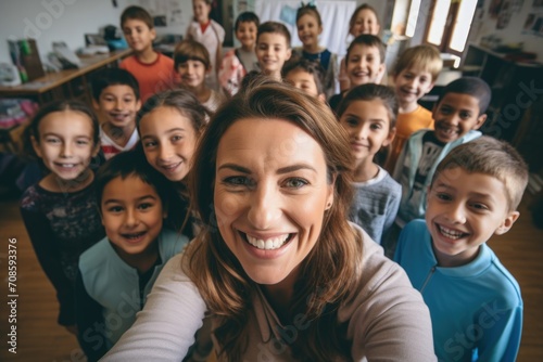 Smiling female teacher taking a selfie with her elementary students photo