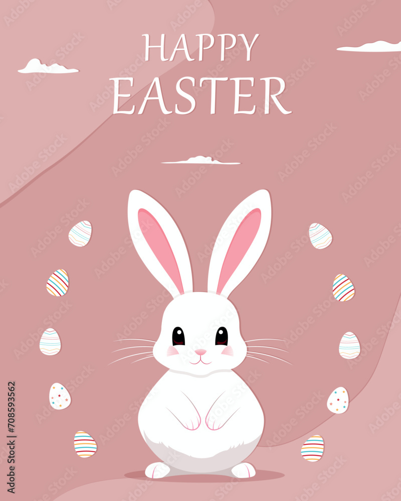 easter greeting card with bunny. Happy Easter. Cute rabbit for Easter. Bunny ears and Easter eggs. Vector illustration. Greeting card. Bunny in the egg	
